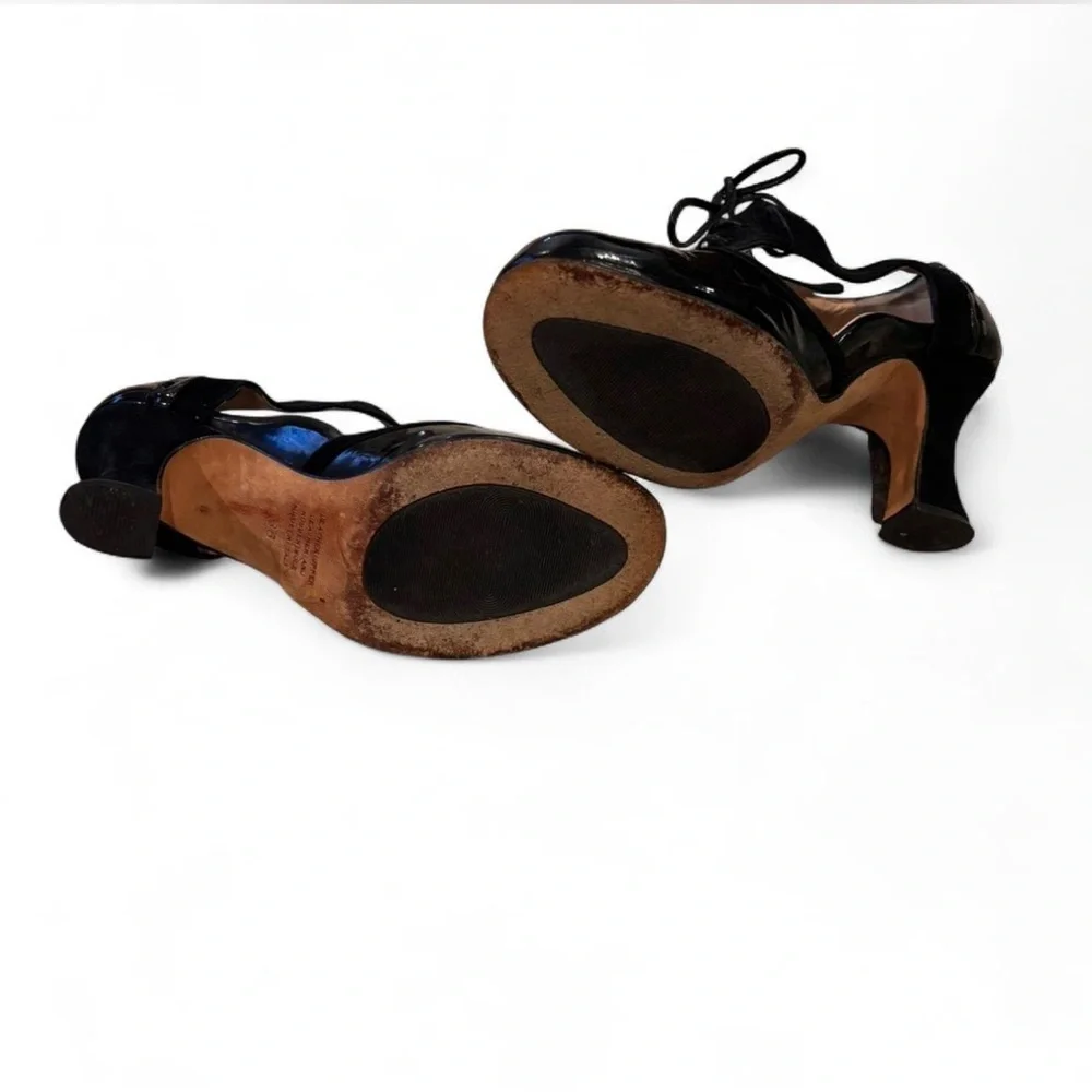 Anyi Lu Handmade Italy Black Patent Suede Lace-Up Oxford Block Heel Brogue Pump